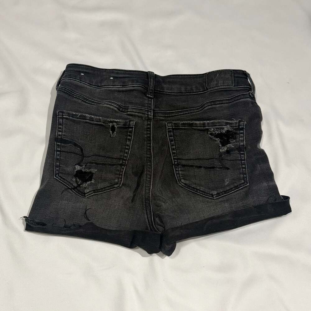 American Eagle Super Hi-Rise Next Level Stretch Black Distressed Button-Fly Shor - Picture 2 of 7